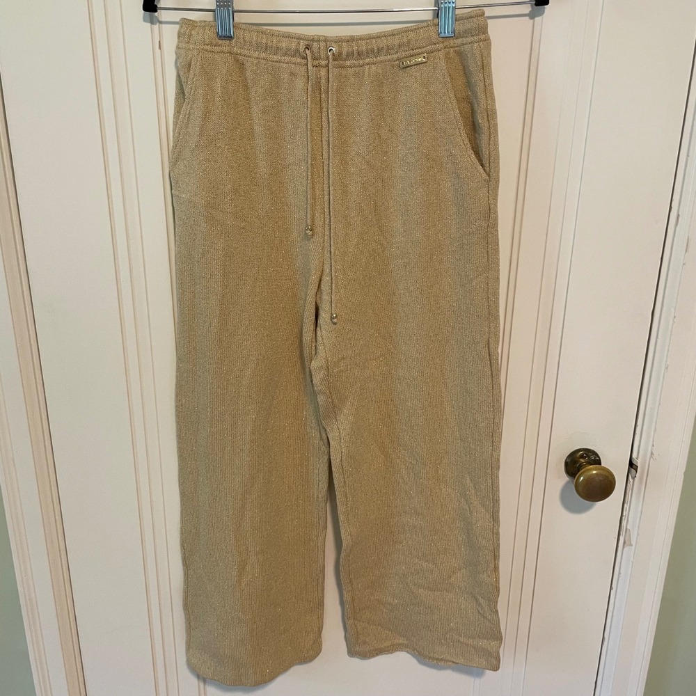 St. John Sport Gold Metallic Knit Wide Leg Cropped Drawstring Lounge Pants - Picture 1 of 3